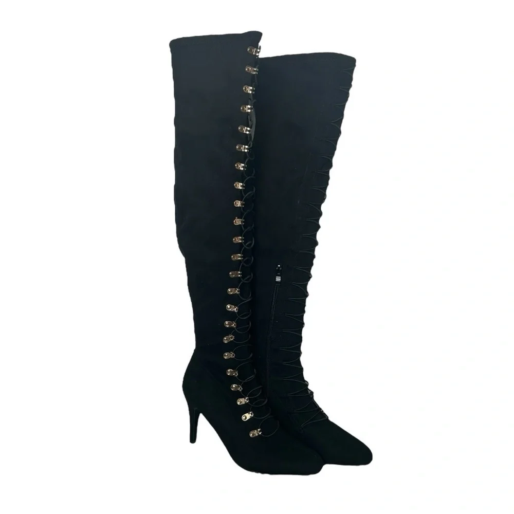 Journee Trill Black Wide Calf Thigh High Heeled Lace Up Boot Women’s Size 8.5